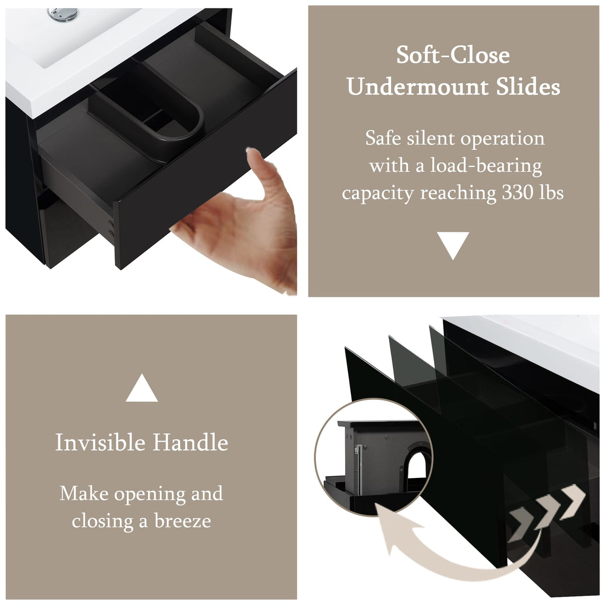 23.6 Inch Black Wall-Mounted Bathroom Vanity with Resin Sink