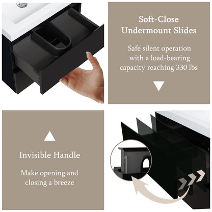 23.6 Inch Black Wall-Mounted Bathroom Vanity with Resin Sink