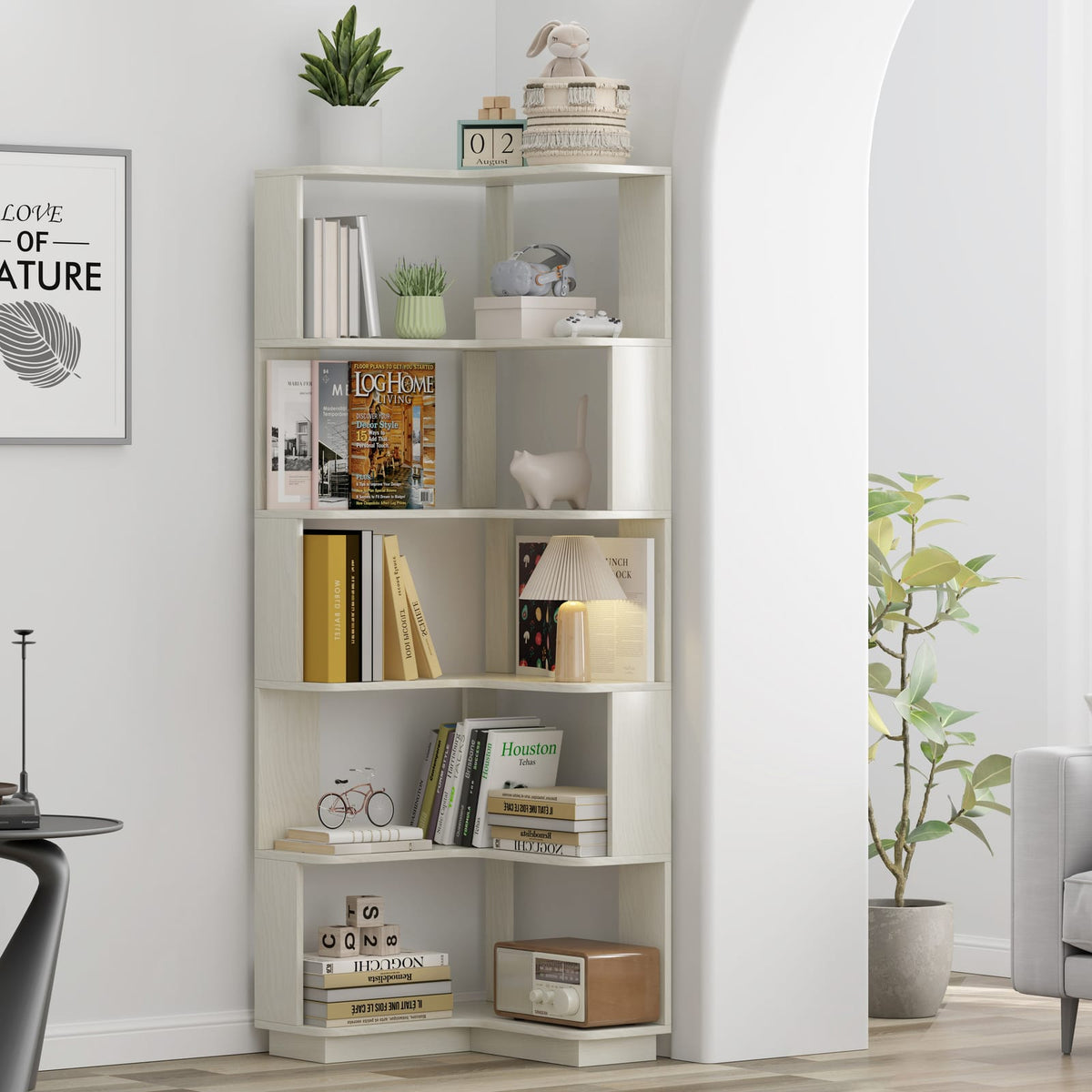 6 Tier White Oak Corner Bookshelf - Living Room Storage