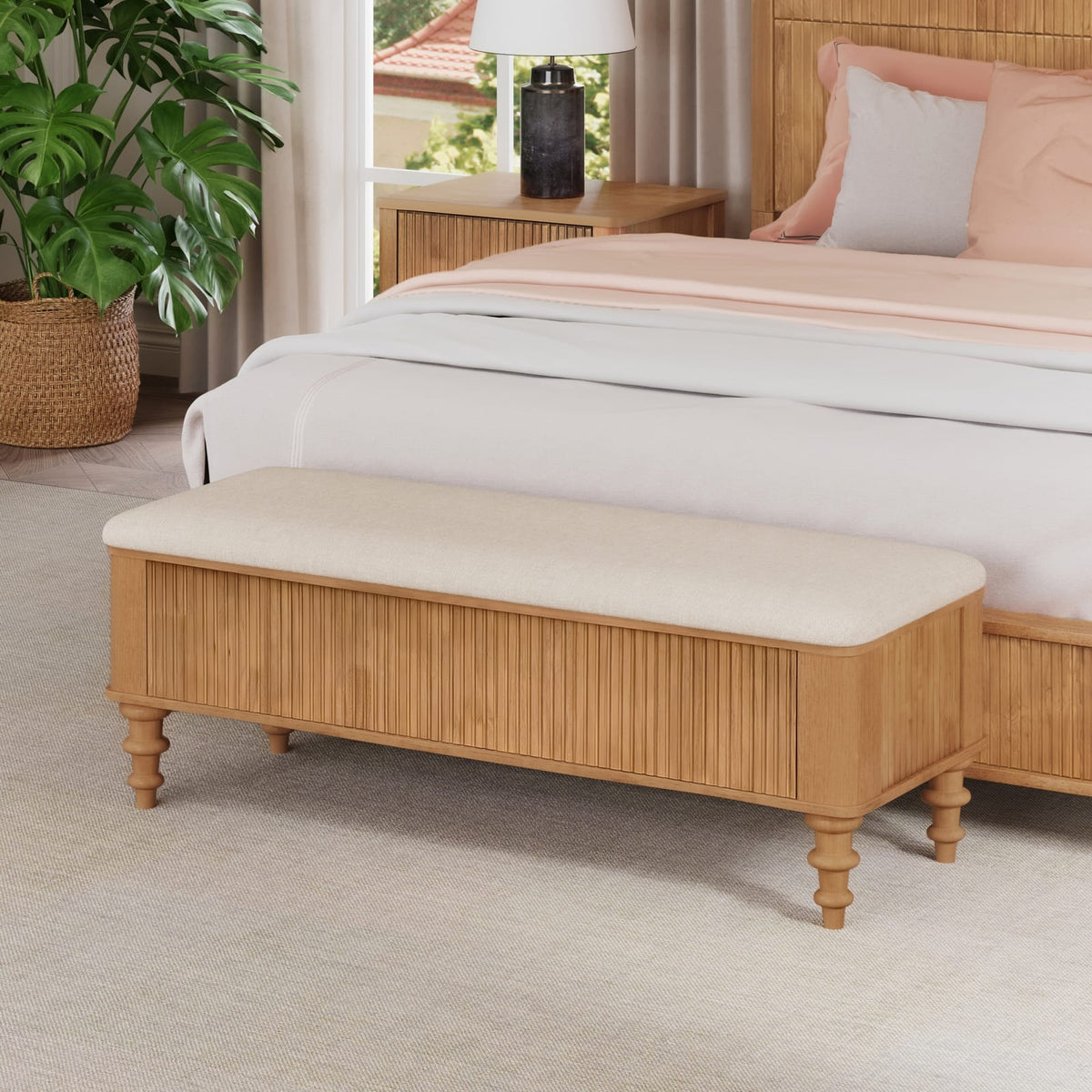 Rubberwood Storage Ottoman Bench - Natural Linen Seat for Living Room