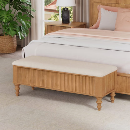 Rubberwood Storage Ottoman Bench - Natural Linen Seat for Living Room