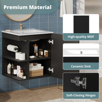 Black Solid Wood Bathroom Cabinet - Wall Mounted Storage