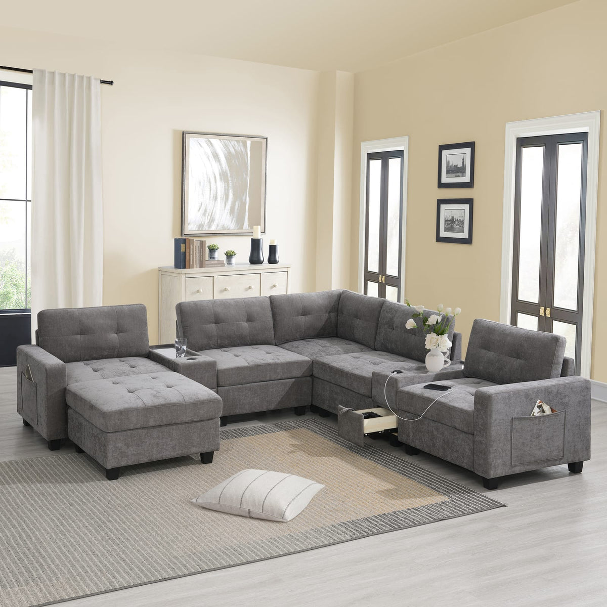 104'' Gray Chenille Sectional Sofa with Movable Ottoman