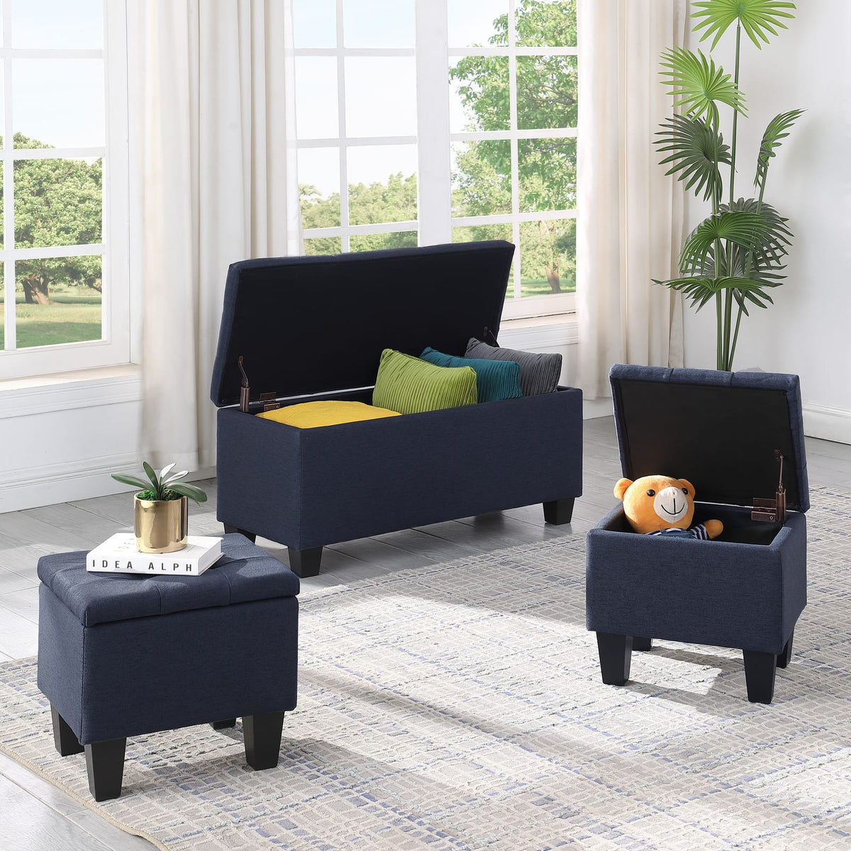 Dark Blue Fabric Storage Bench Set - 3 in 1 Ottoman with Linen Tufting
