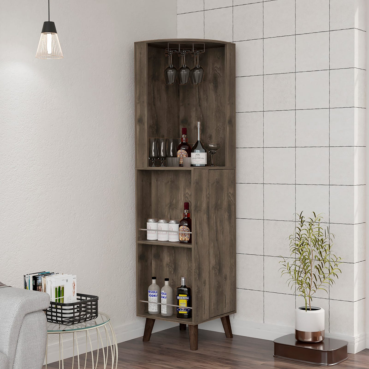 Brown Corner Bar Cabinet with Wine Rack & Shelves for Living Room