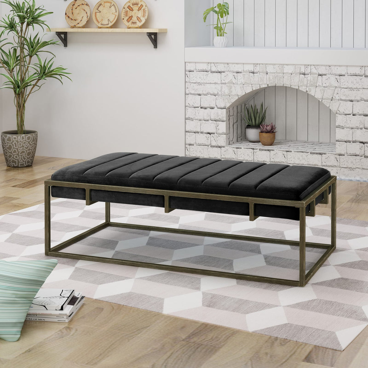 Black Velvet Ottoman Bench - Modern Bedroom Accent
