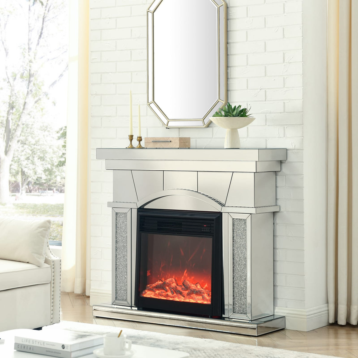 46" Electric Fireplace Cabinet with Mirror - Silver