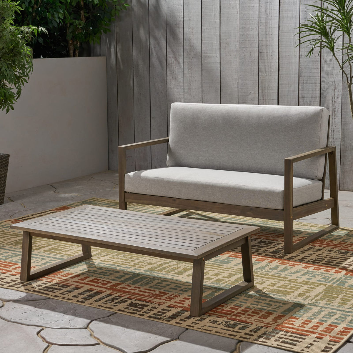Grey Acacia Wood Outdoor Patio Loveseat Set for Garden