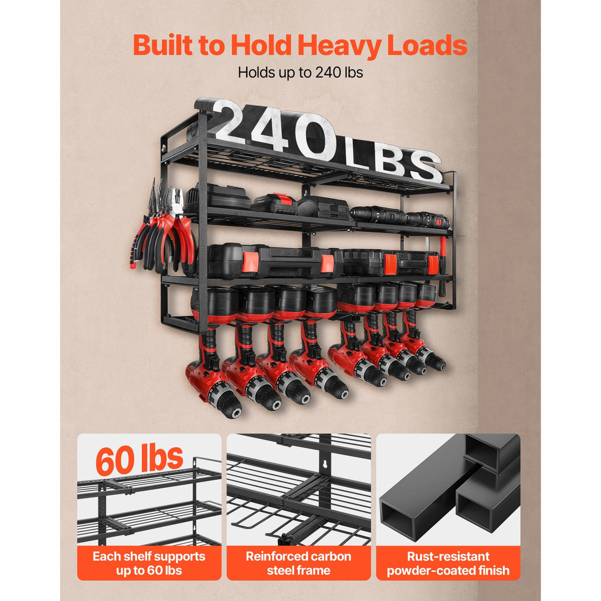 Power Tool Organizer Wall Mount - 4 Tier Storage Rack Black