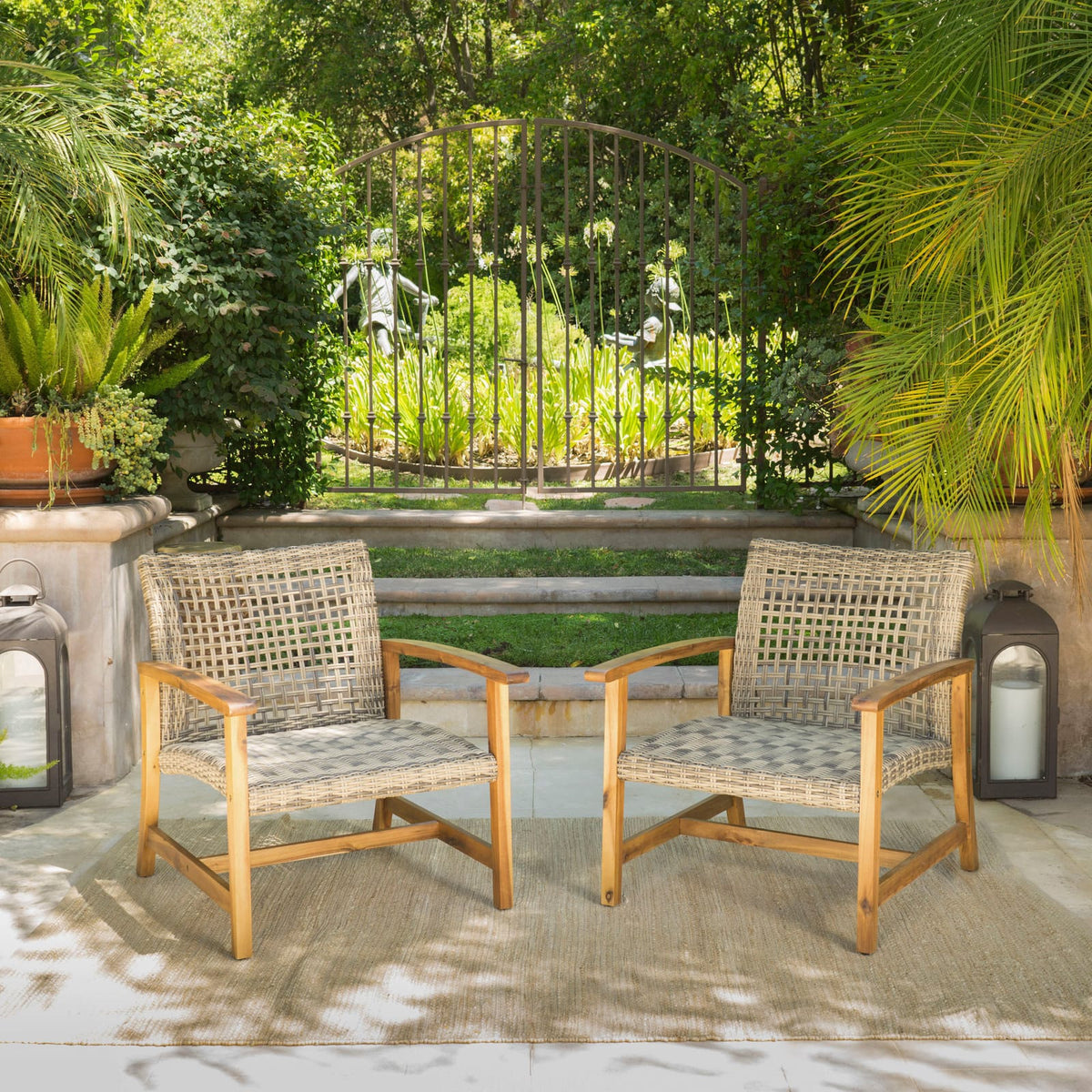 Acacia Wood Wicker Club Chairs - 2-Piece Patio Set Natural+Grey
