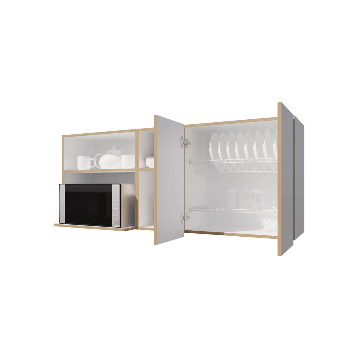 White & Natural Oak Wall Mounted Cabinets - 5 Shelves for Living Room