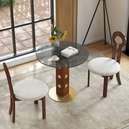 Modern Round Dining Table - 33.5" Tempered Glass, Walnut Wood