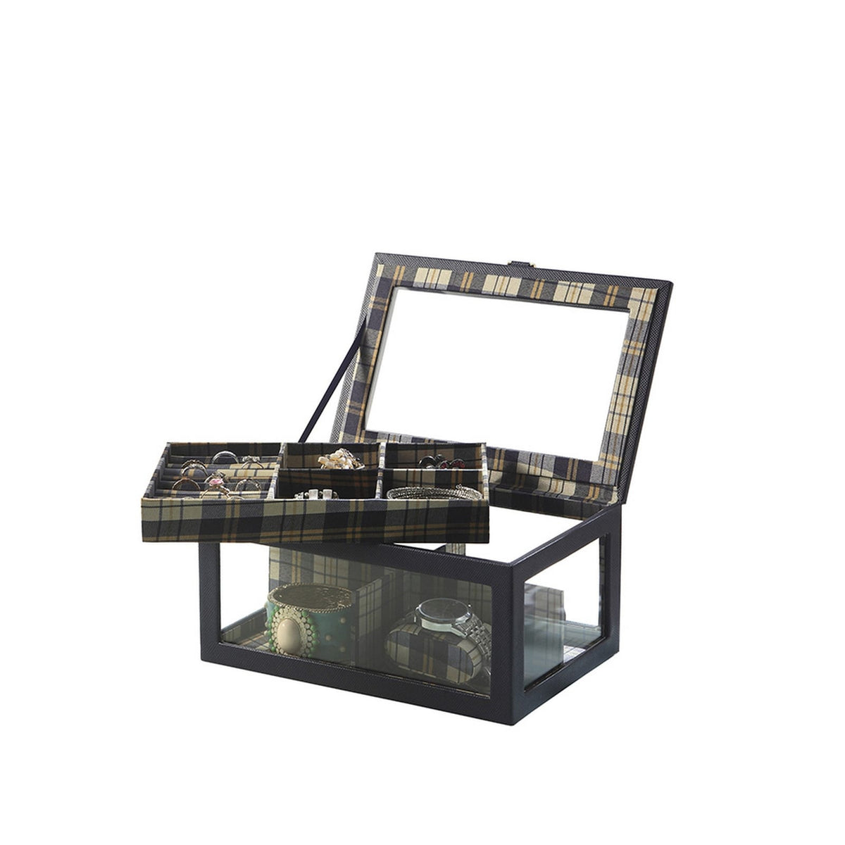 Black Wood Jewelry Case with Watch Storage for Bedroom