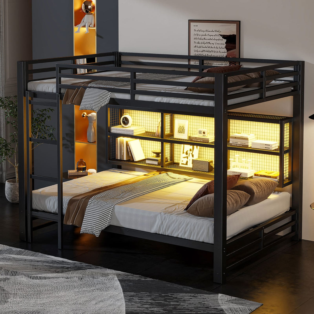 Queen Bunk Bed with Storage - Metal Black for Bedroom