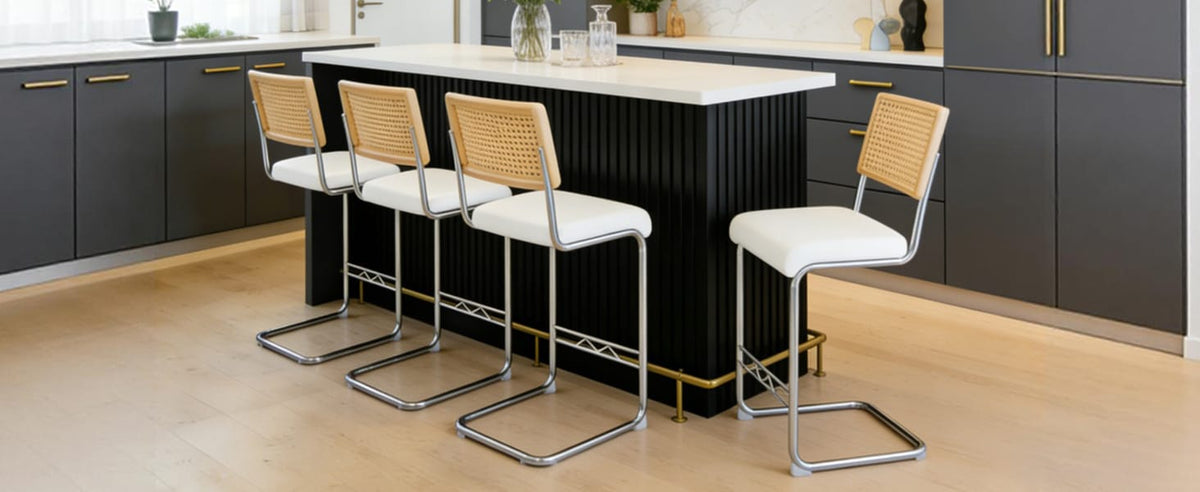 White Rattan Bar Stools - 4 Piece Set