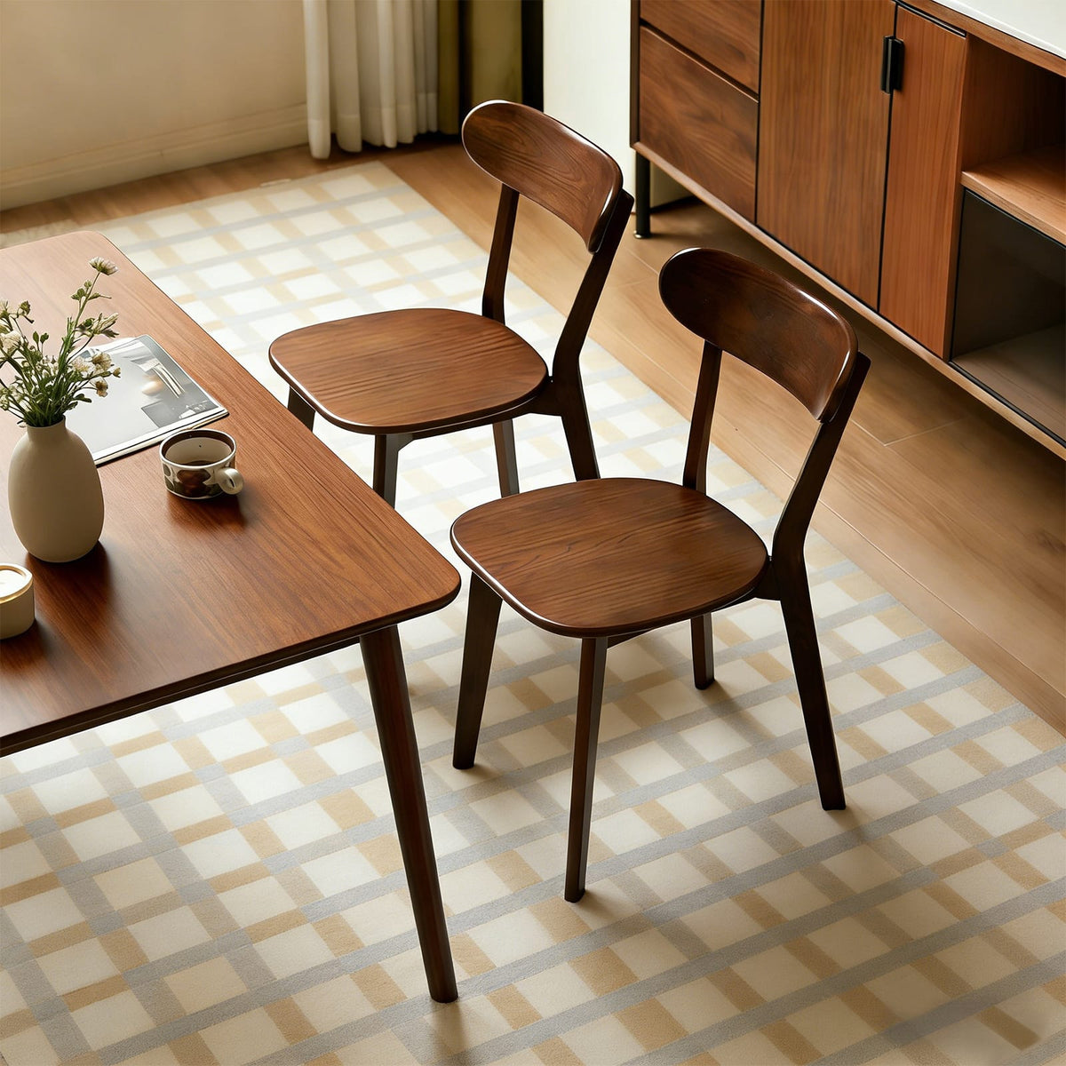 Mid-Century Modern Dining Chairs Set of 2 - Walnut Wood, Curved Backrest