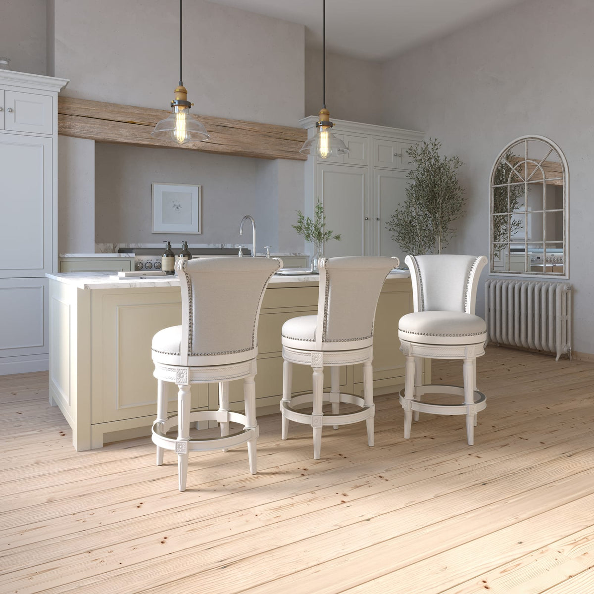 26" White Swivel Barstool - Wood & Fabric for Bedroom