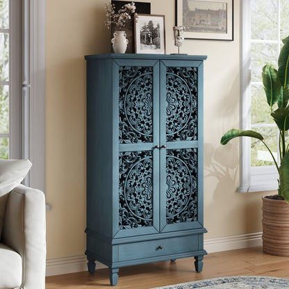 Rustic Antique Blue Storage Cabinet - 55" Tall Accent Cabinet