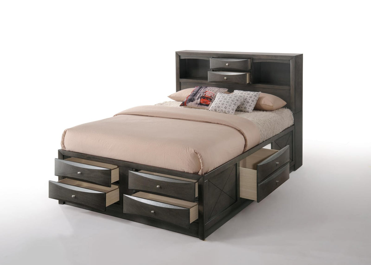 Queen Gray Storage Bed with Bookcase Base