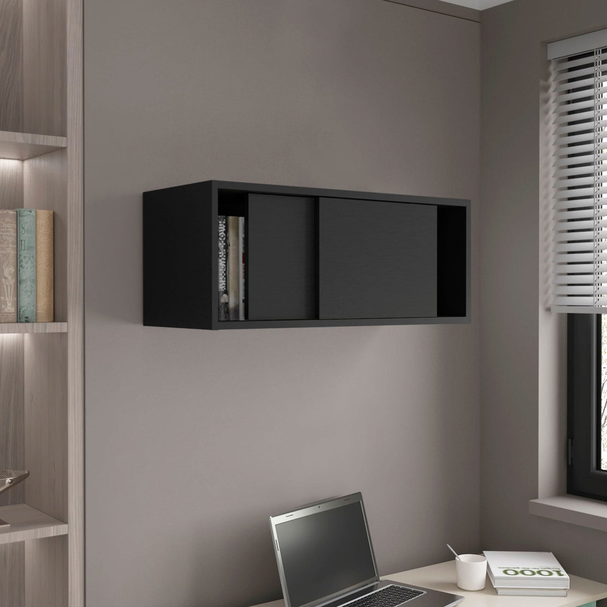 Black Wall Cabinet - 13" H, 2 Sliding Doors, Storage