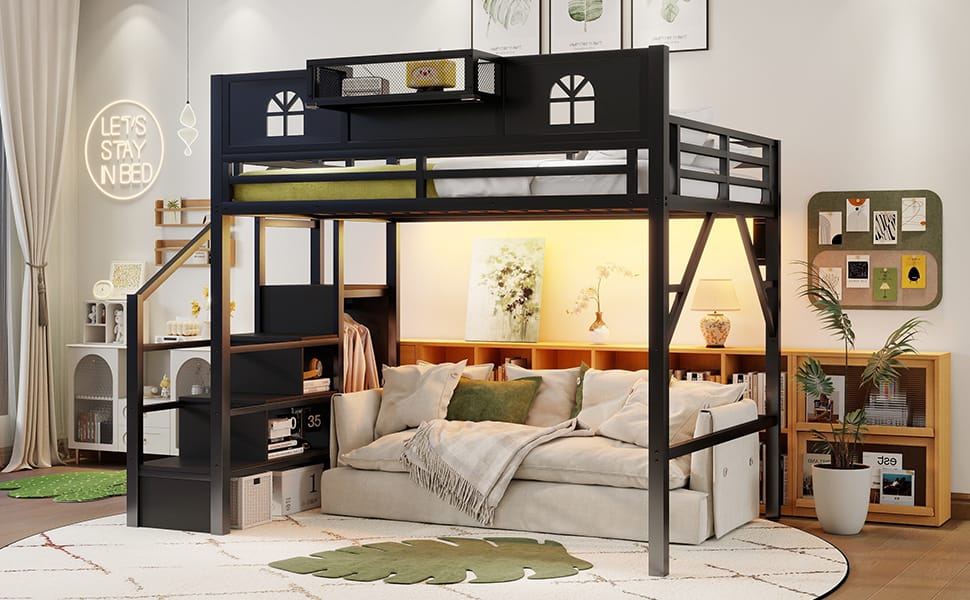 Full Size Metal Loft Bed with Stairs & Storage for Bedroom