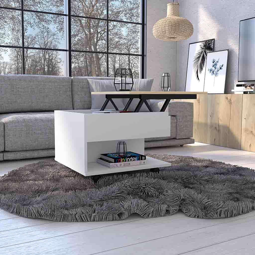 Lift Top Coffee Table - White & Light Oak Storage