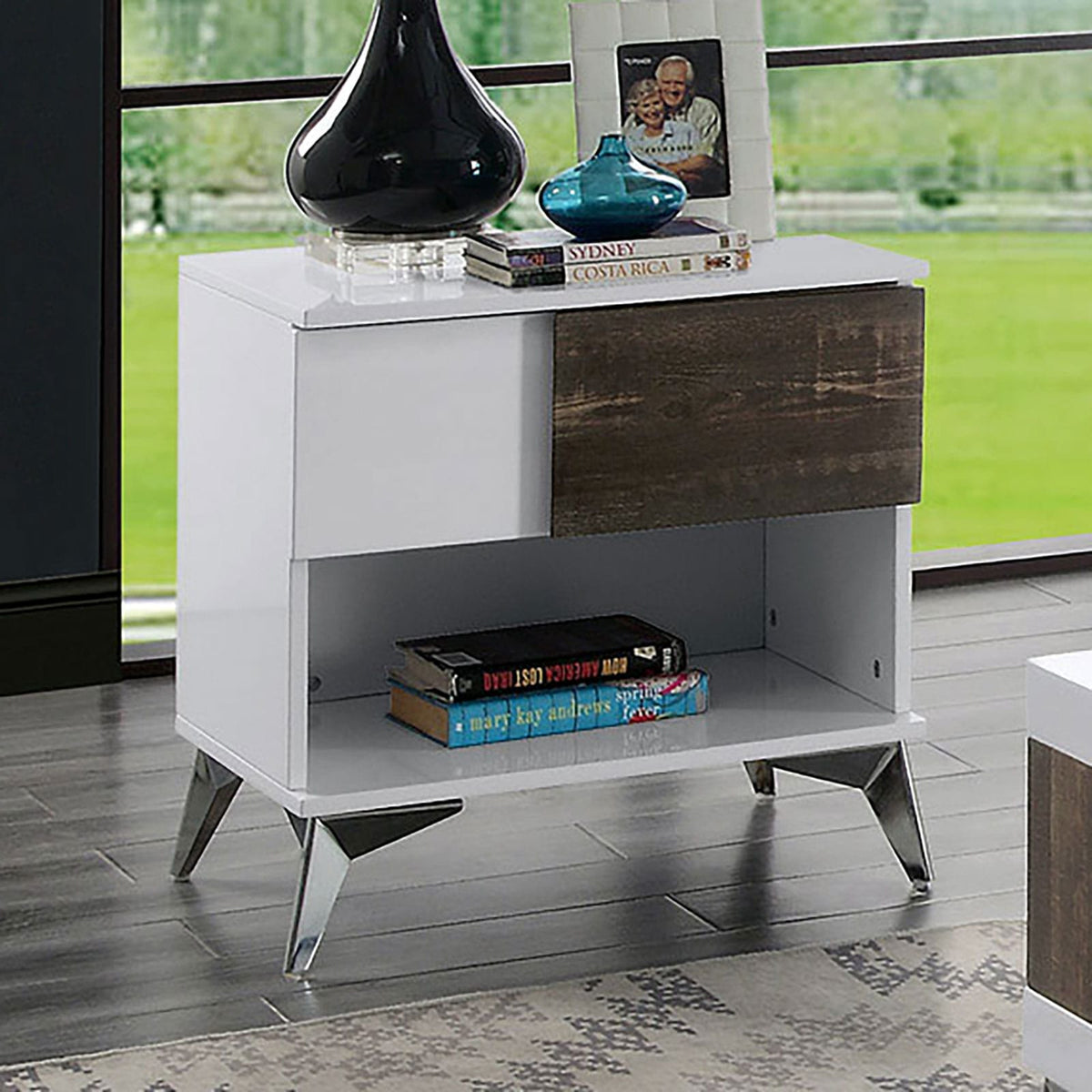 Contemporary Oak and White Solid Wood End Table with Open Shelf for Living Room