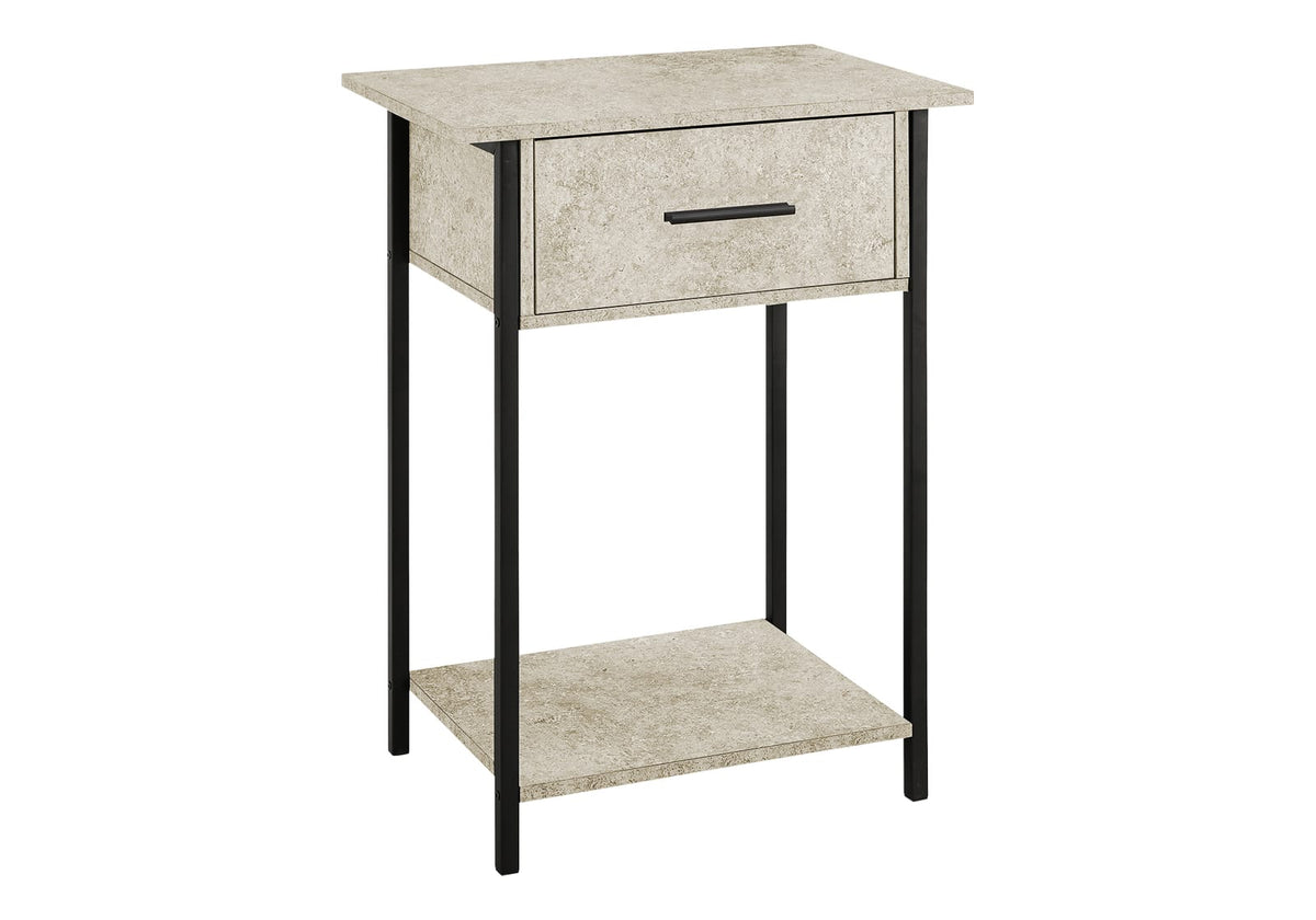 24" Black Metal Accent Table with Cream Stone Drawer for Living Room