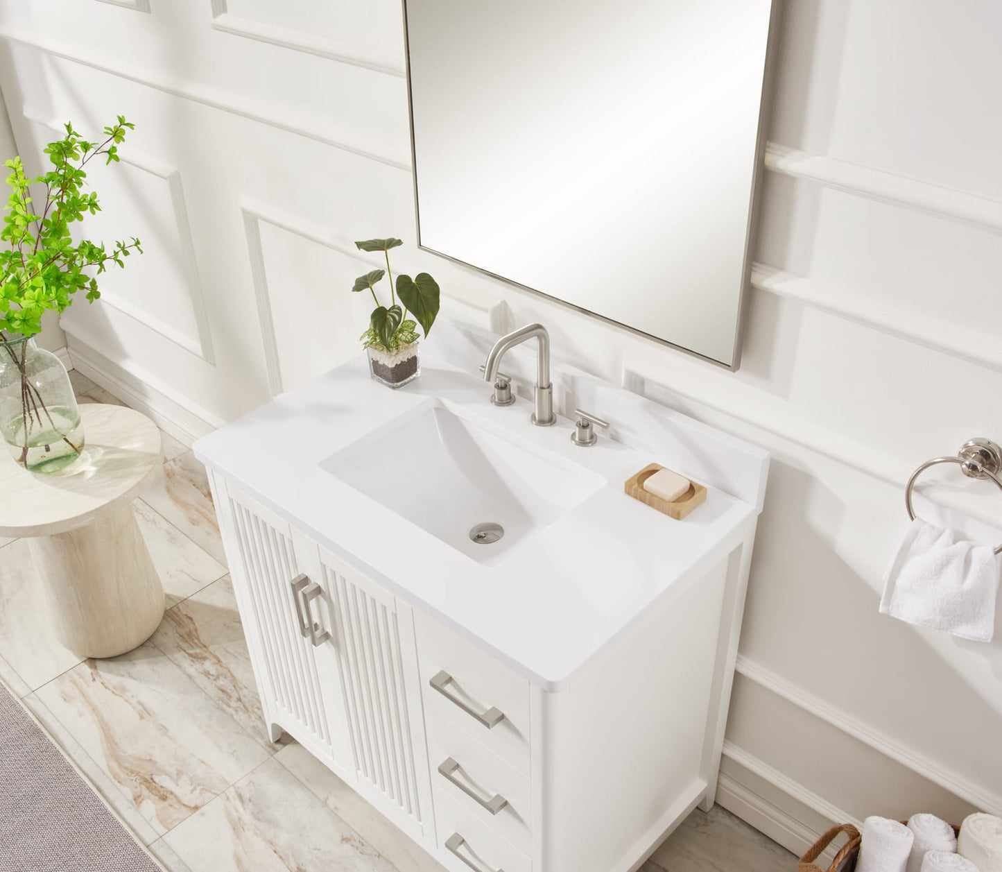 36 Inch White Bathroom Vanity - Solid Wood Farmhouse Style