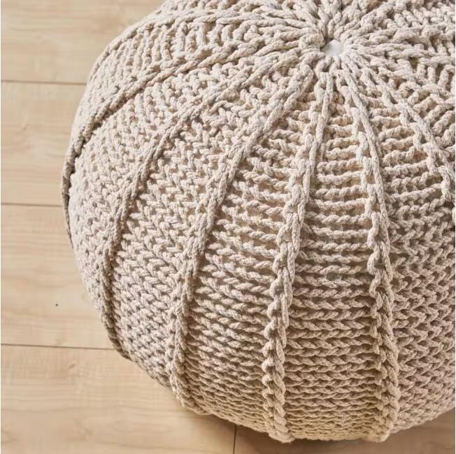 Beige Cotton Knitted Pouf - Relaxing Footrest for Living Room