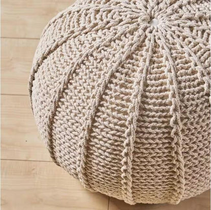 Beige Cotton Knitted Pouf - Relaxing Footrest for Living Room