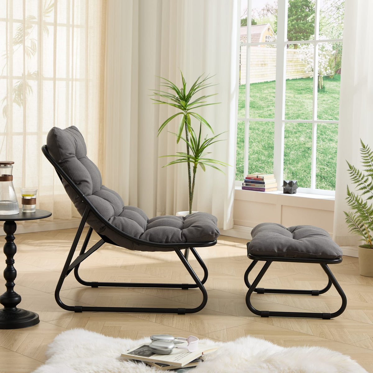 Grey Steel Patio Lounge Chair with Ottoman for Garden or Poolside