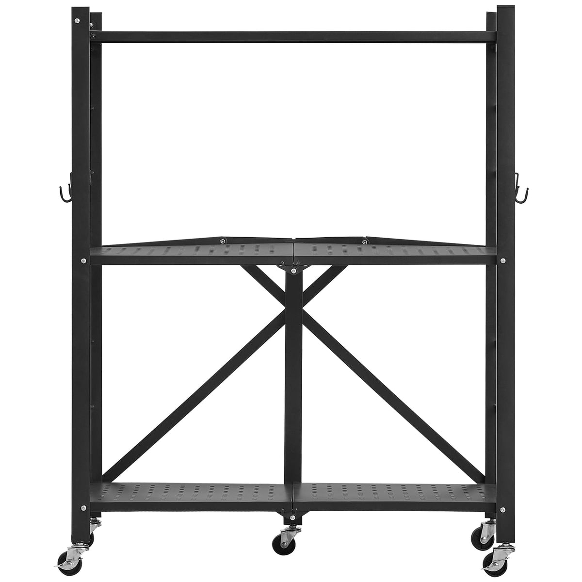 36 Inch Black Steel Folding Shelf with Wheels - 3 Tier Storage for Living Room