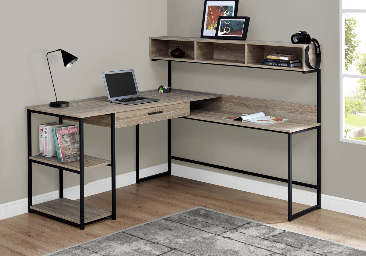 L-Shaped Corner Desk with Storage - Taupe MDF & Black Metal