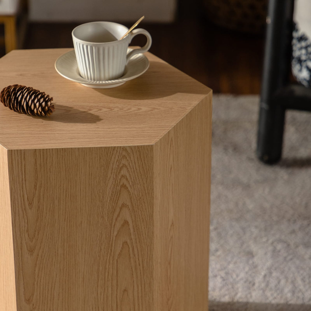 Natural Wood Hexagon Coffee Table - Small Bedroom End Table for Living Room