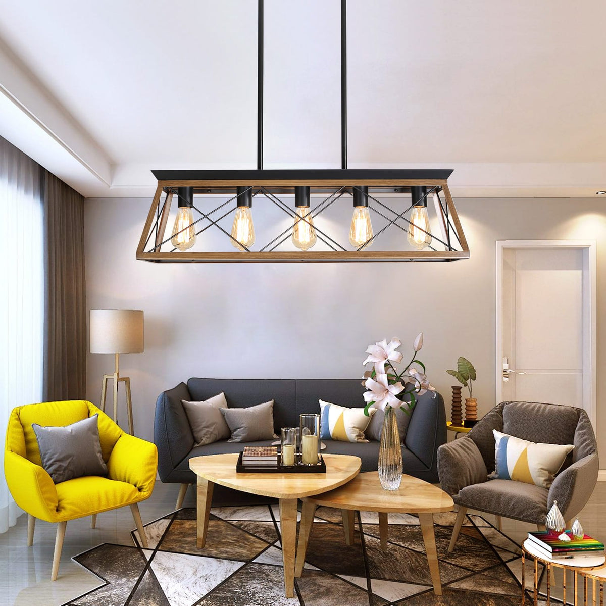 32" Walnut Industrial Pendant Chandelier - Modern Metal Cage Lighting