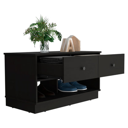 Black Modern Storage Bench with Shelves & Drawers