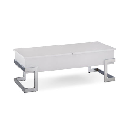 White Rectangular Wood Metal Coffee Table with Storage for Living Room