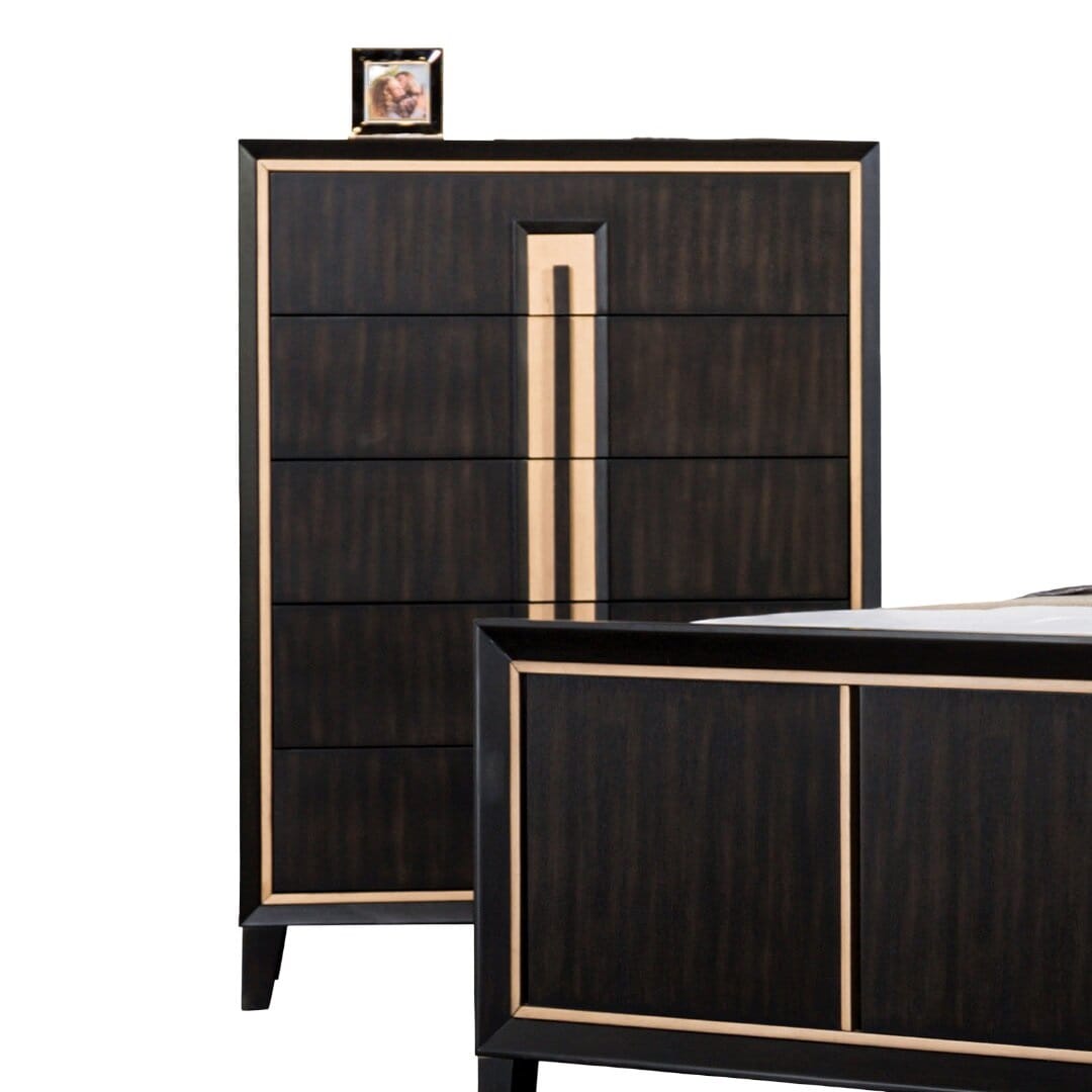 Espresso Solid Wood Bedroom Dresser with Gold Accent Trim Storage