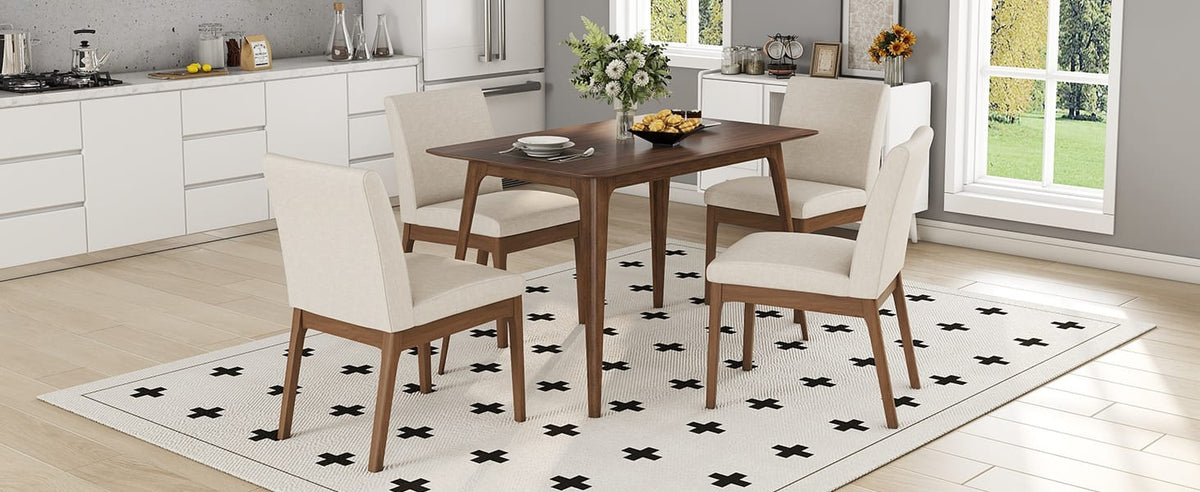 Brown Rectangular Dining Table Set with 4 Upholstered Chairs for Dining Room