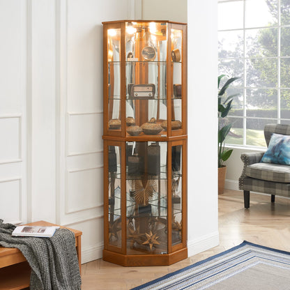 72" Oak Corner Curio Cabinet with Mirrored Panel & Lights