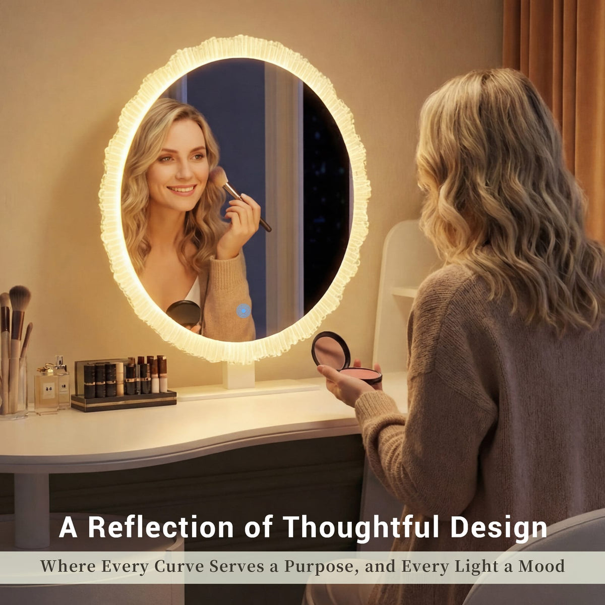 White MDF Makeup Vanity with Round Mirror & LED Light for Bedroom