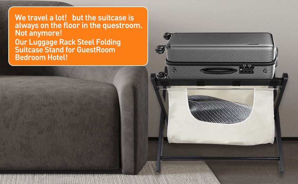 Folding Luggage Rack - Black Wood Fabric Storage Shelf