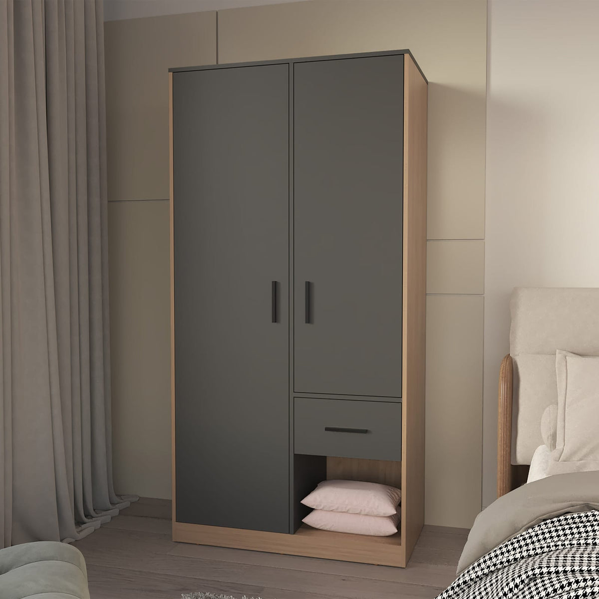 Matt Grey & Natural Oak 2-Door Wardrobe - Stylish Bedroom Storage