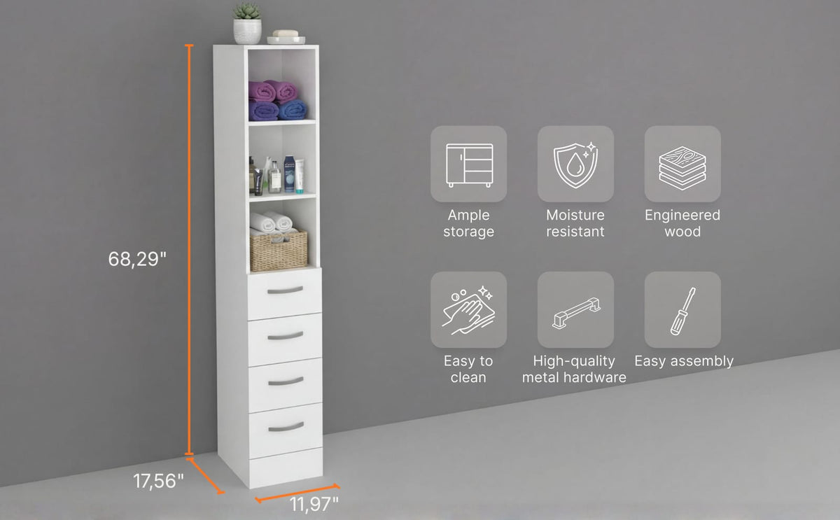 4+ Drawer Bathroom Cabinet - White Freestanding Storage
