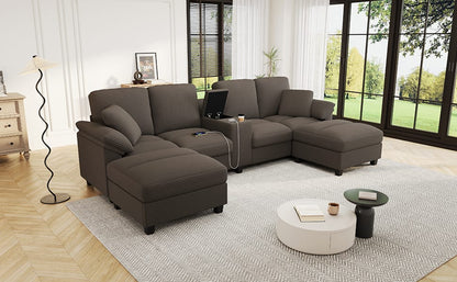 Brown Corduroy Sectional Sofa - 4 Seat U-Shaped with Storage
