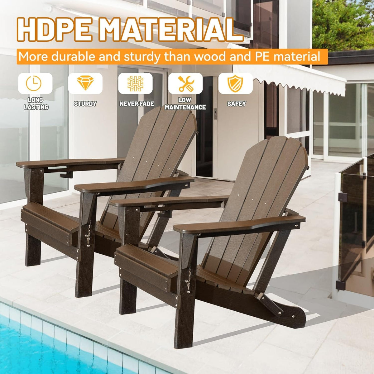 Brown HDPE Adirondack Chairs Set of 2 for Outdoor Patio Use