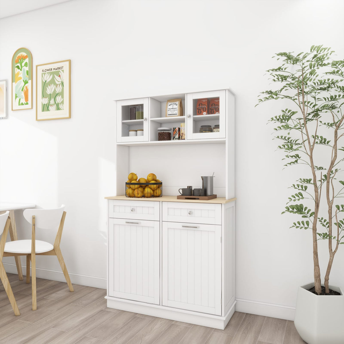 67.7" White MDF Kitchen Storage Cabinet - Trash Can with Shelves