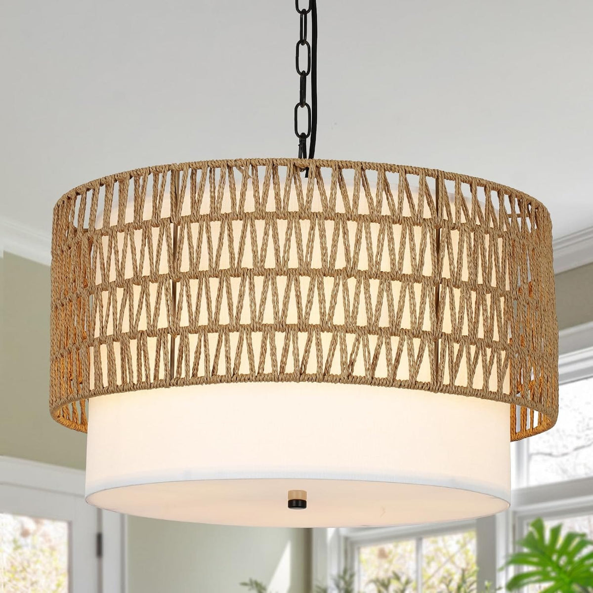 Farmhouse Rattan Chandelier - 5-Light Boho Dining Room Lighting
