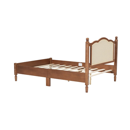 Full Size Walnut Rattan Bed Frame - No Box Spring Needed